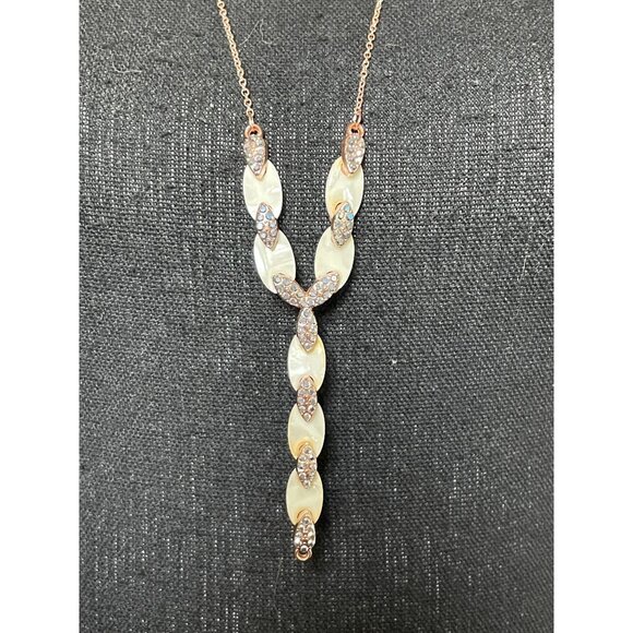 Mother-Of-Pearl & Rhinestone Drop Pendant Necklace With Rose Gold Chain - Picture 2 of 8